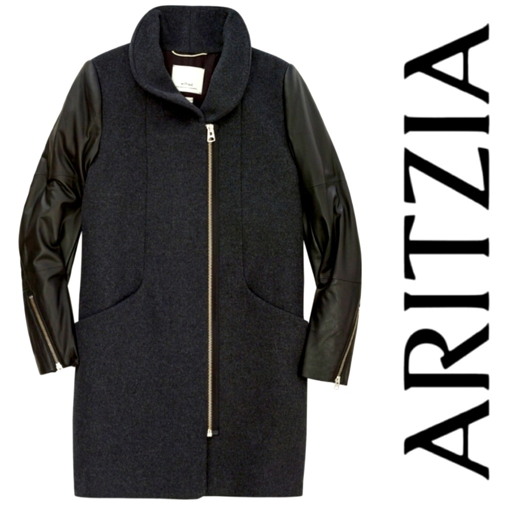 🖤LAMB LEATHER SLEEVE VIRGIN WOOL & CASHMERE ARITZIA WILFRED COCOON COAT